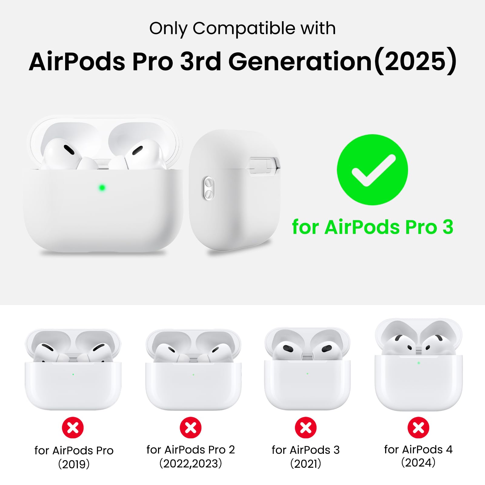 Only Compatible with  
AirPods Pro 3rd Generation (2025)  
for AirPods Pro 3  
for AirPods Pro (2019)  
for AirPods Pro 2 (2022, 2023)  
for AirPods 3 (2021)  
for AirPods 4 (2024)