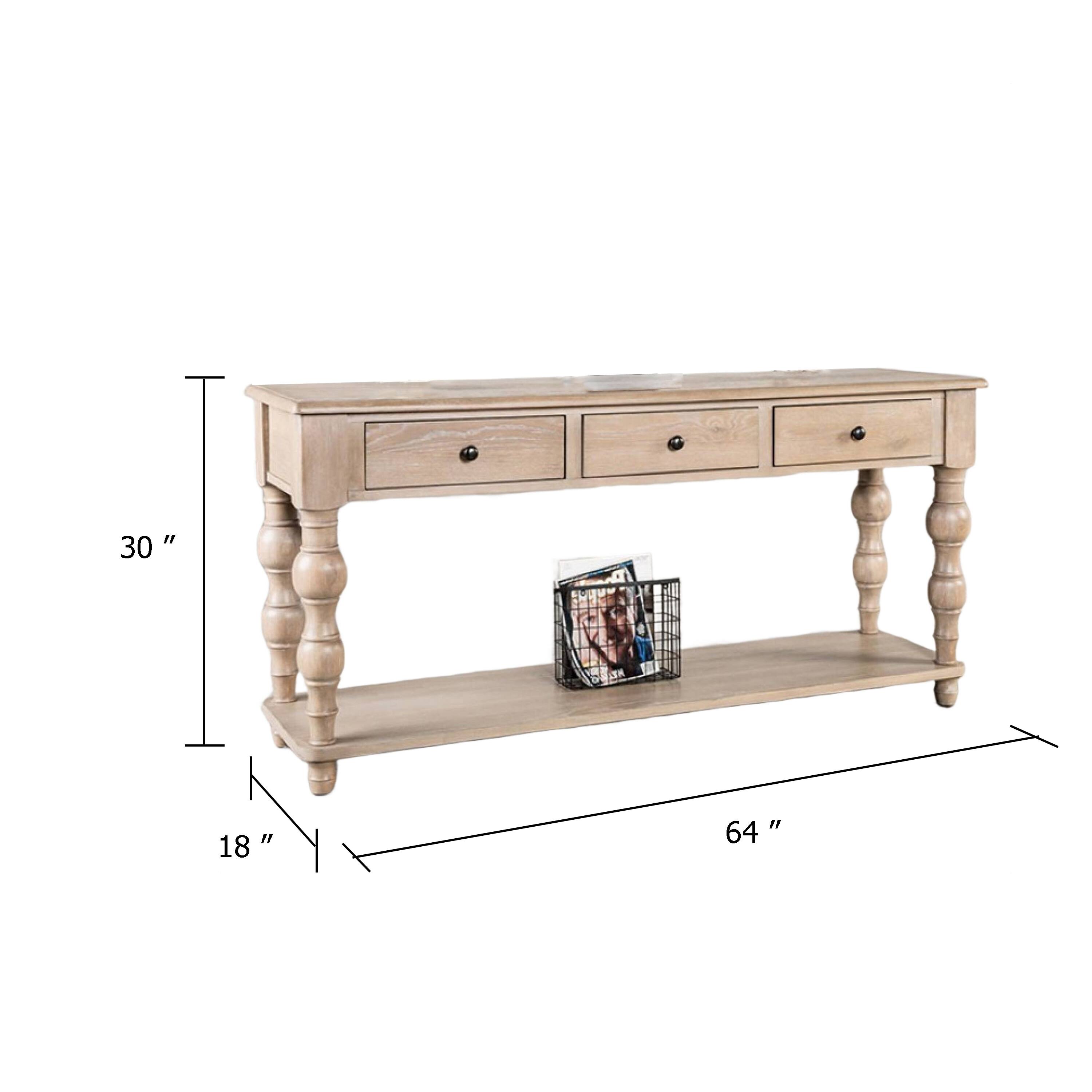 Alt View 4. Manhattan Lane - Cherie Sofa Table, 3 Drawers, Shelf, Light White Washed Wood, 64 Inch - White Wash Brown, Black.
