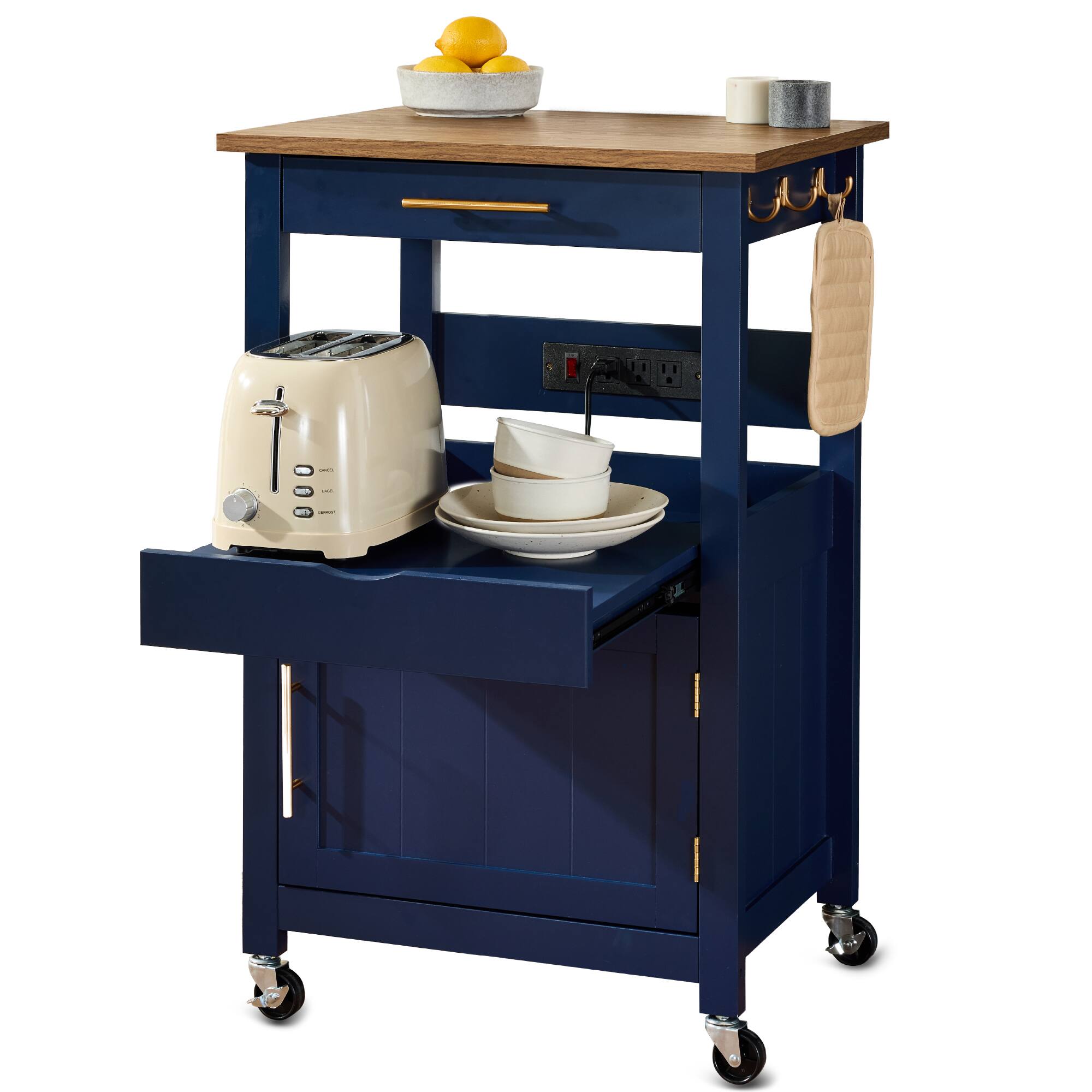 Best Choice Products - Rolling Kitchen Island Cart, Single Door Cabinet w/ Drawer, Sliding Tray, Outlet - Midnight Blue