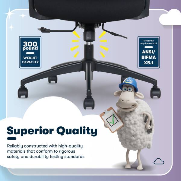 300 pound WEIGHT CAPACITY  
Meets the requirements of ANSI/BIFMA X5.1  

Serta Superior Quality  
Reliably constructed with high-quality materials that conform to rigorous safety and durability testing standards