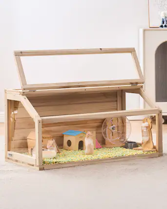 Front. VEVOR - Wooden Hamster Cage, 270° Viewing Hamster Habitat, 32 x 16 x 16 in, Dwarf Hamster Cages with Openable Top.