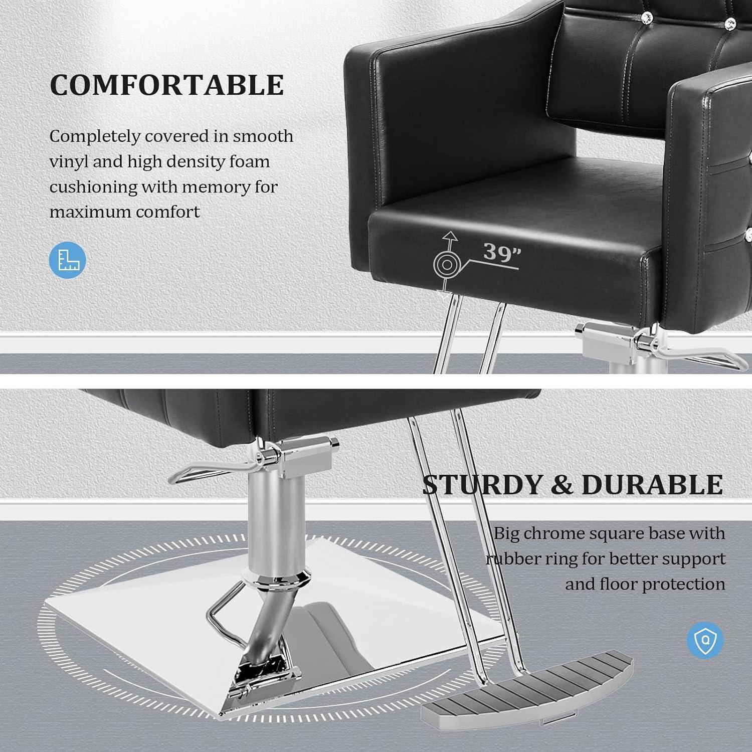 **COMFORTABLE**  
Completely covered in smooth vinyl and high density foam cushioning with memory for maximum comfort

**STURDY & DURABLE**  
Big chrome square base with rubber ring for better support and floor protection