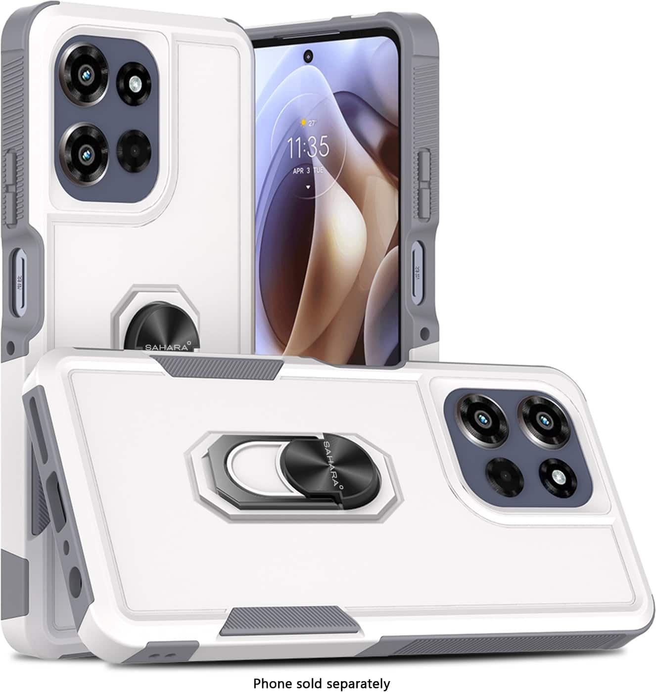 The image shows a white cell phone with a case on it. The case has a slot for the phone, and the phone is placed inside the case. The phone is turned on and displaying the time of 11:35. The case is designed to protect the phone and keep it secure. The phone is sold separately, and the case is available for purchase as well.