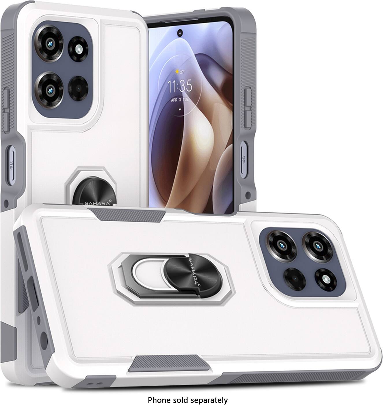 The image shows a white cell phone with a case on it. The case has a slot for the phone, and the phone is placed inside the case. The phone is turned on and displaying the time of 11:35. The case is designed to protect the phone and keep it secure. The phone is sold separately, and the case is available for purchase as well.