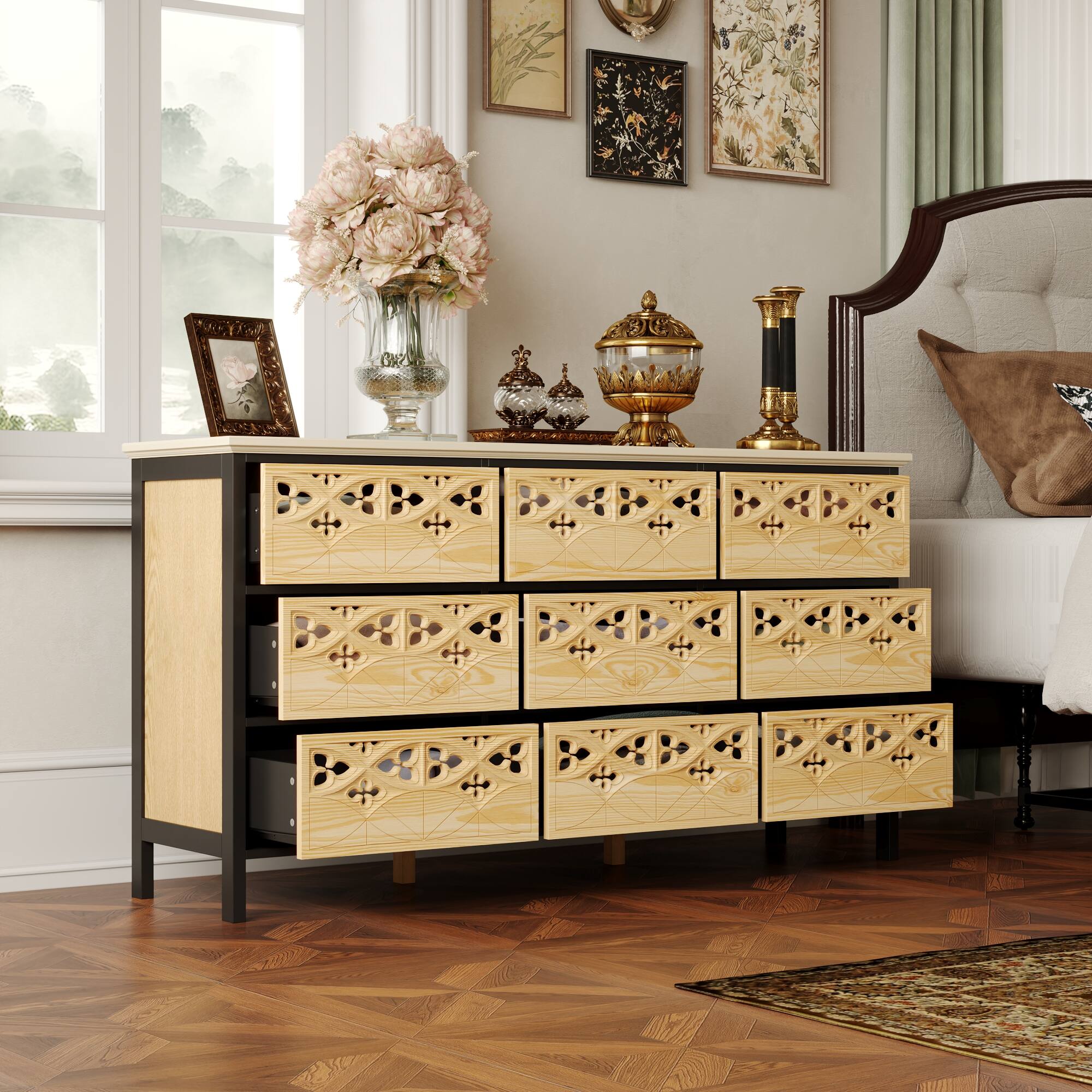 Back. FUFU&GAGA - FUFU&GAGA Carved Dresser: Anti - Tip, Stylish Storage for Any Style - Wooden.