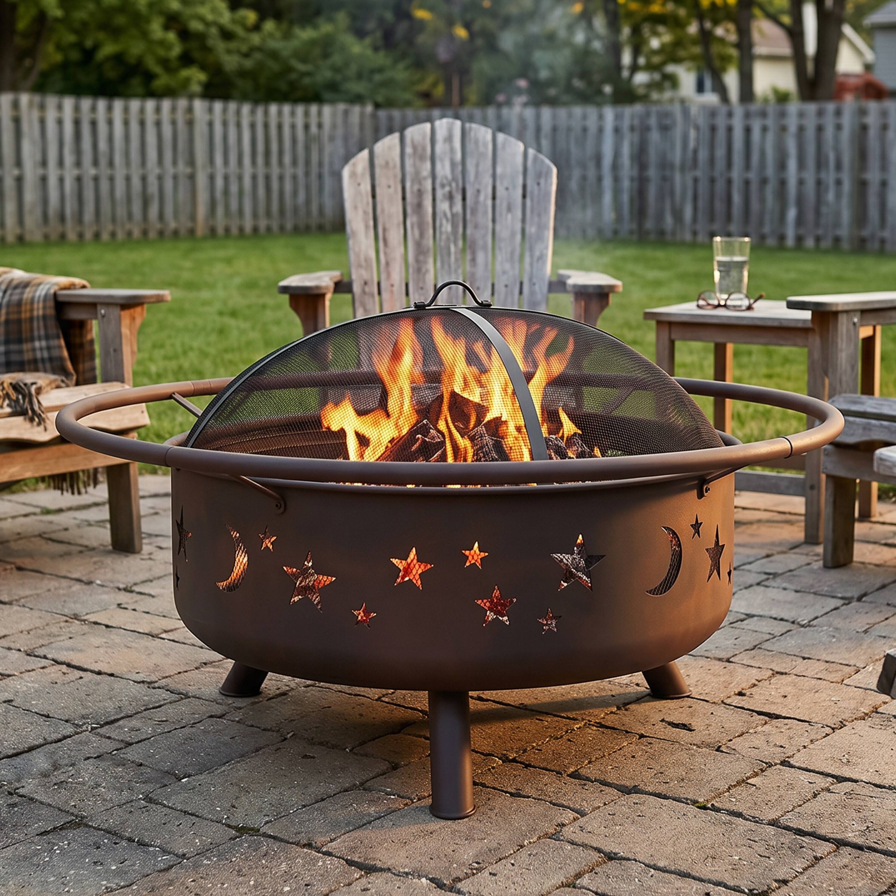 Alt View 1. Sunnydaze - 36 in Cosmic Steel Fire Pit w/Spark Screen/Poker - Bronze.