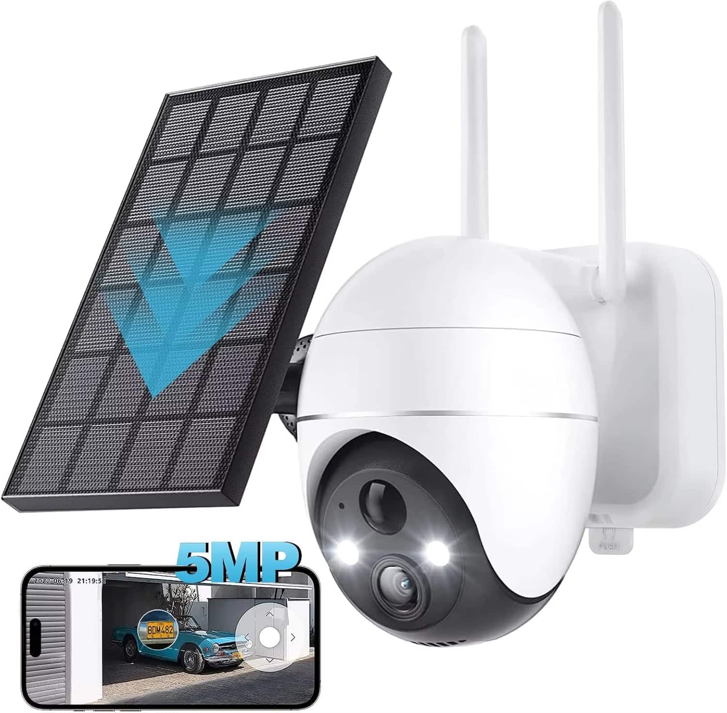PRIMEPLUS - 5MP Wireless Outdoor WiFi Surveillance Camera, Solar Camera, 360 Degree Camera, Human PIR Detection, Colour Night Vision