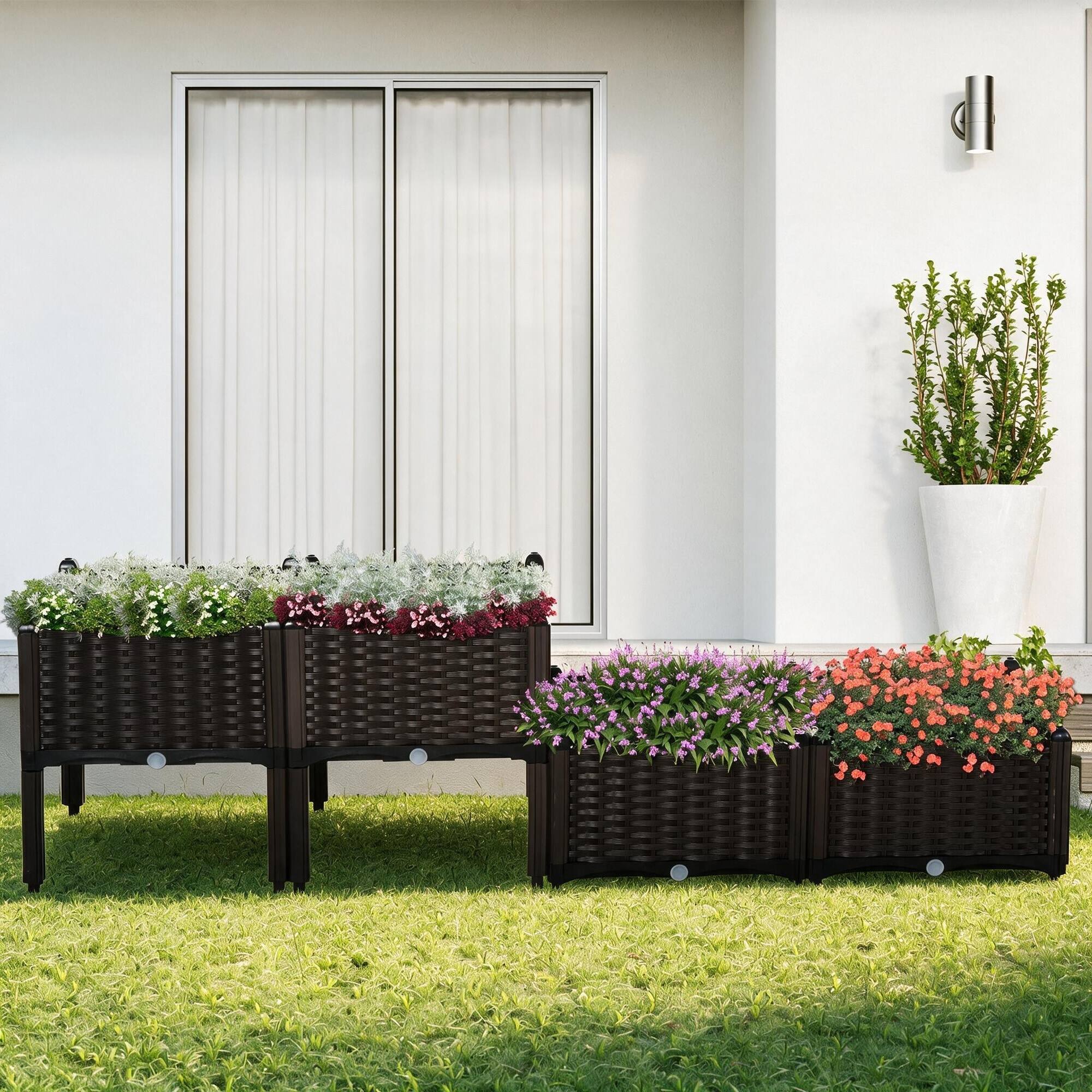 Angle. RYHNUYNE - Outsunny 4 Piece Raised Garden Bed with Legs, Self-Watering Planter Box, Plastic Modular Planter for Herbs - Brown.