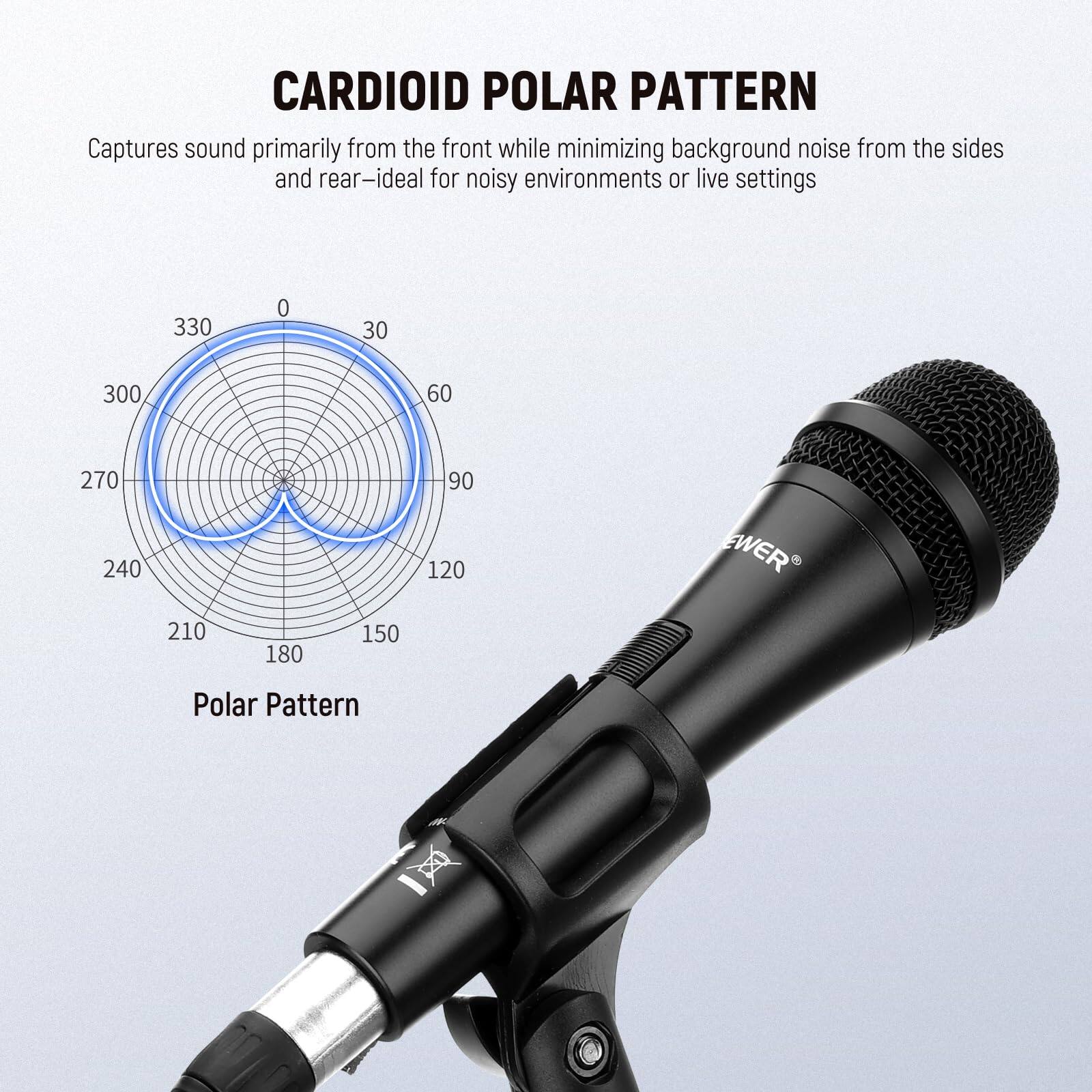 CARDIOID POLAR PATTERN  
Captures sound primarily from the front while minimizing background noise from the sides and rear—ideal for noisy environments or live settings  

Polar Pattern