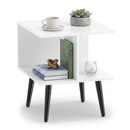 Costway - 1 PCS End Table, 2-Tier Modern Bedside Table with 2 Compartments & Raised Metal Legs - White + Black