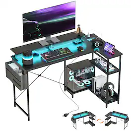 Homcom - 58" L Shaped Gaming Desk with Power Outlets and LED Lights, Reversible Computer Desk with Monitor Stand - Black