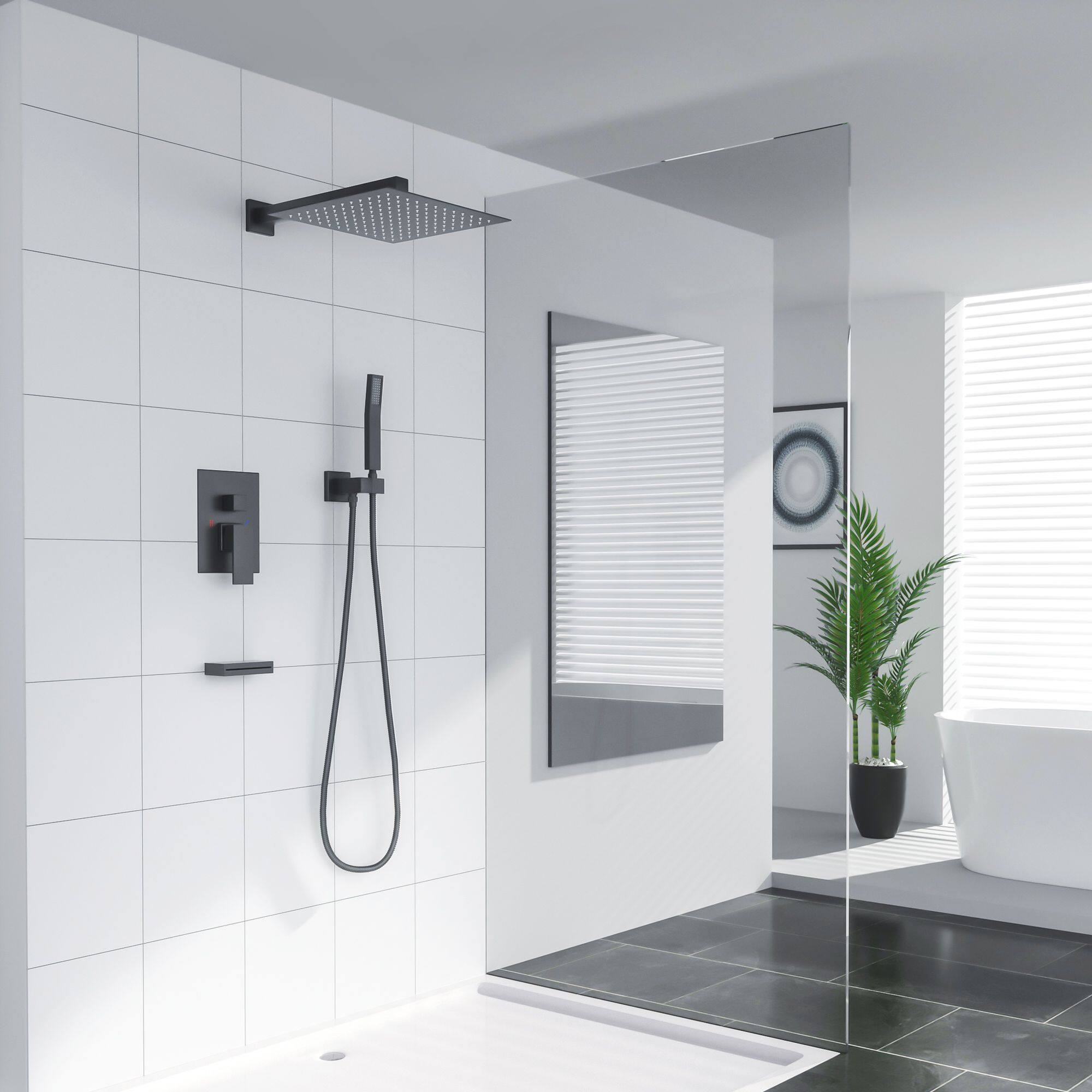Angle. Lordear - Shower System with Waterfall Tub Spout,12 Inch Wall Mounted Square Shower System with Rough-in Valve,Matte black - Matte Black.