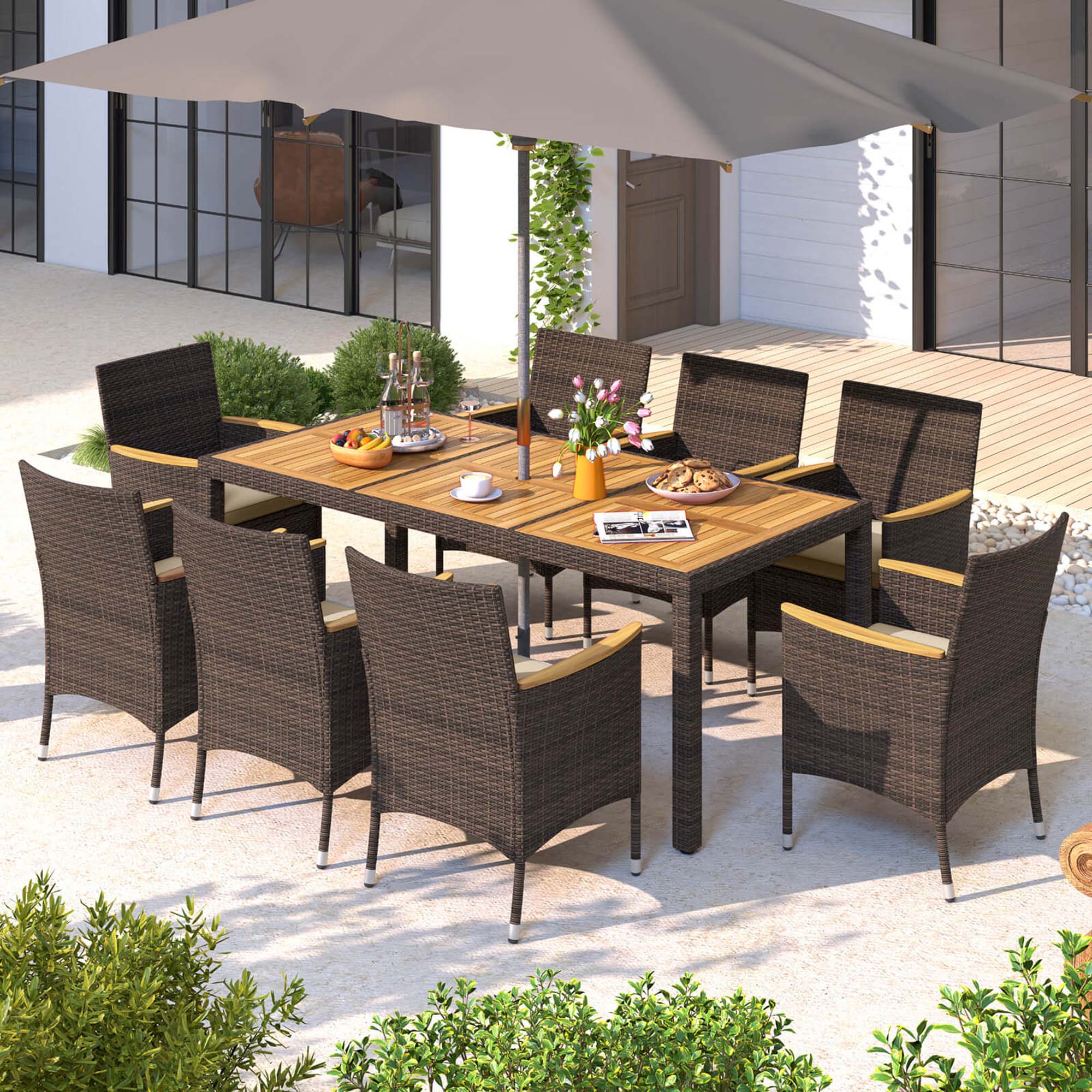 Alt View 1. Costway - 9 PCS Outdoor Dining Set with Acacia Wood Table Top Patio Dining Set for 8 People - Beige,Mix Brown.