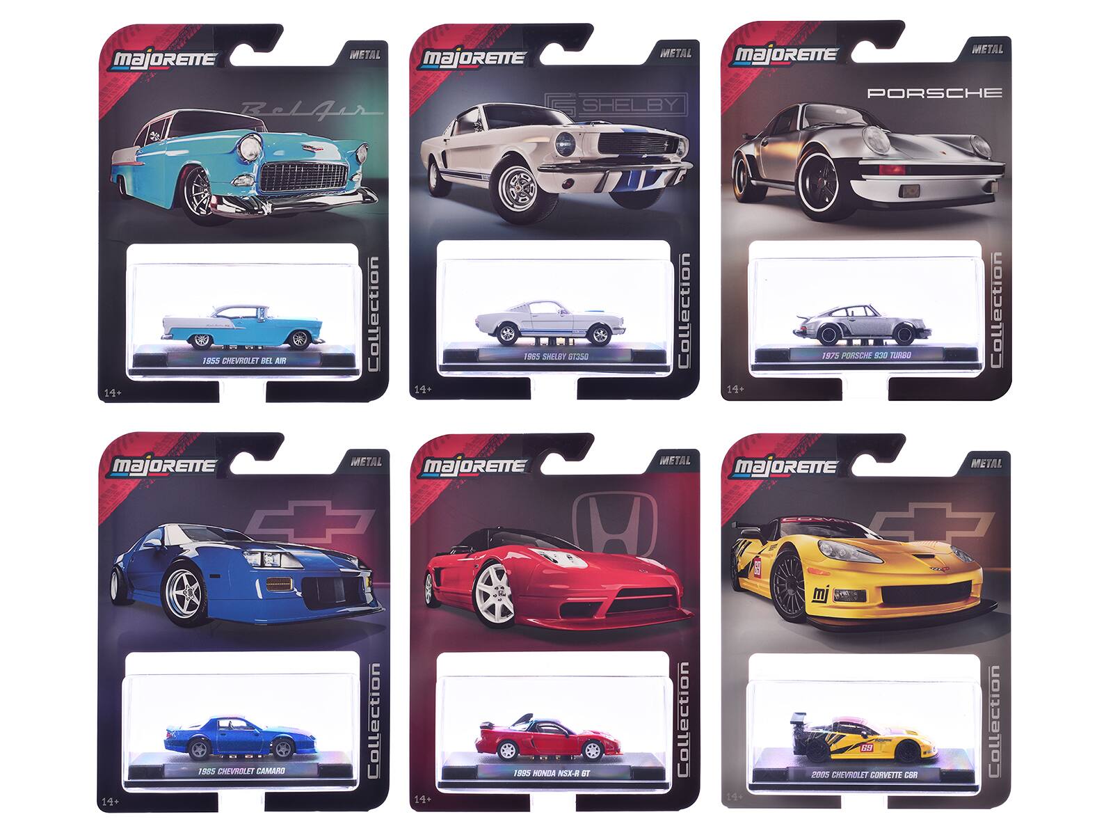 MAJORETTE METAL
RelAir
1955 CHEVROLET BEL AIR
Collection 14+
MAJORETTE METAL
SHELBY
1965 SHELBY GT350
Collection 14+
MAJORETTE METAL
PORSCHE
1975 PORSCHE 911 TURBO
Collection 14+
MAJORETTE METAL
1985 CHEVROLET CAMARO
Collection 14+
MAJORETTE METAL
1995 HONDA NSX-R GT
Collection 14+
MAJORETTE METAL
2005 CHEVROLET CORVETTE C6R
Collection 14+