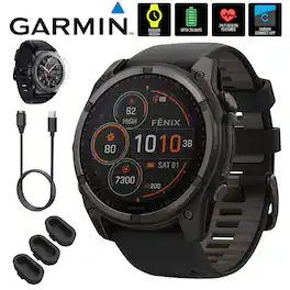 Garmin - Fenix 8 47mm Smartwatch, Solar Sapphire + Accessories Bundle - Carbon Gray DLC Titanium - (2024)