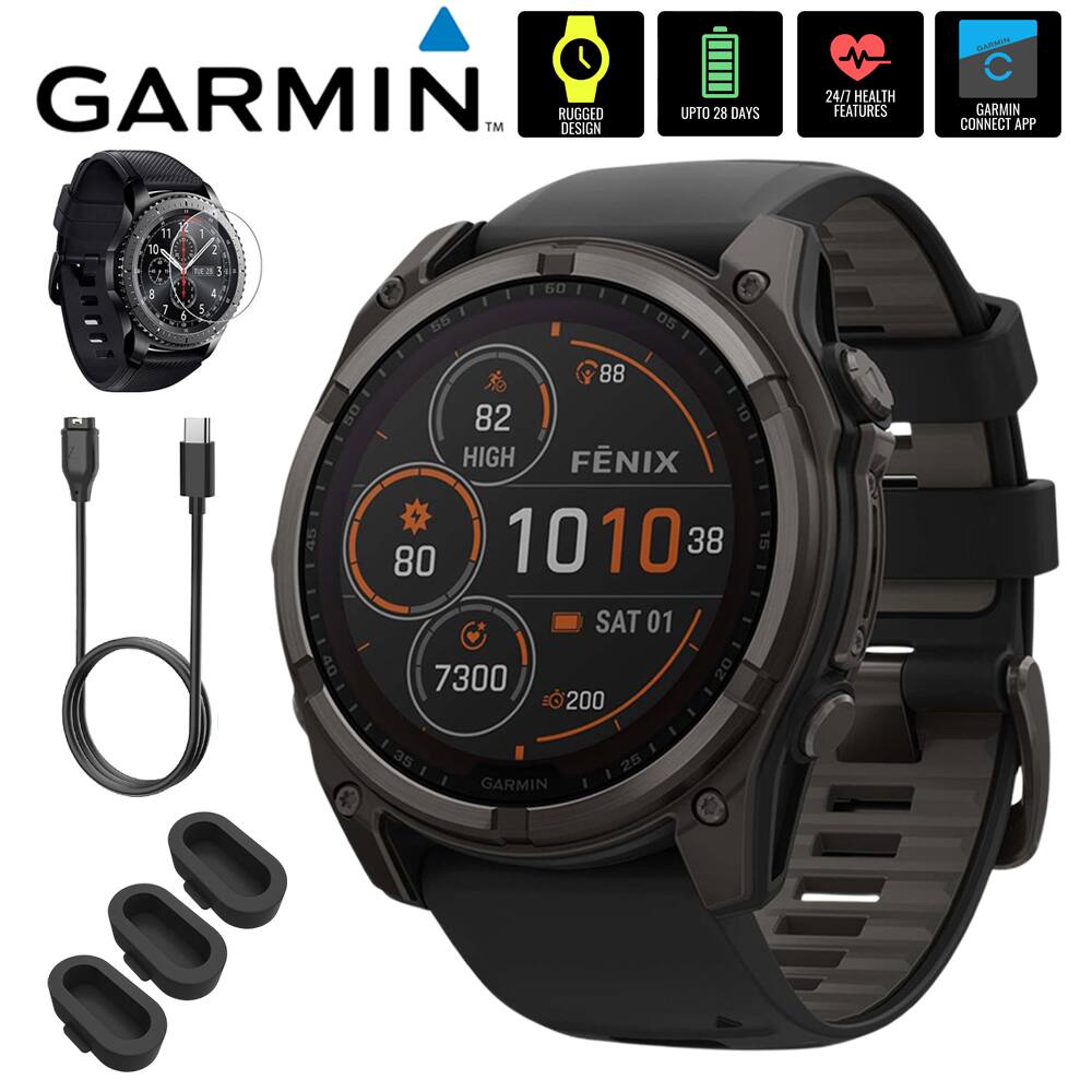 GARMIN™  
RUGGED DESIGN  
UPTO 28 DAYS  
24/7 HEALTH FEATURES  
GARMIN CONNECT APP  

FÉNIX 1010  

82 HIGH  
88  
10 10 38  
SAT 01  
7300  
200  

GARMIN
