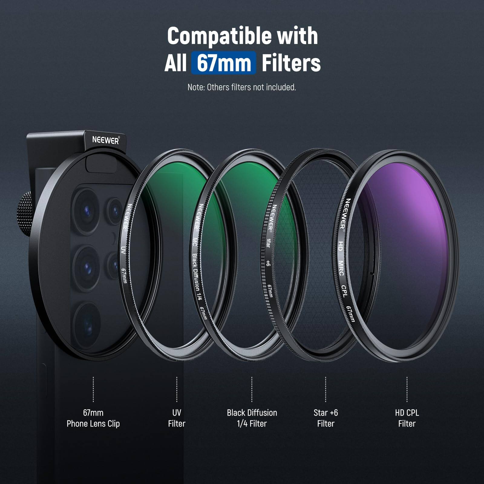Compatible with All 67mm Filters  
Note: Others filters not included.  

NEEWER UV 67mm  
NEEWER MC Black Diffusion 1/4 -9  
NEEWER Star +6  
NEEWER HD MRC CPL 67mm  

Phone Lens Clip  
UV Filter  
Black Diffusion 1/4 Filter  
Star +6 Filter  
HD CPL Filter
