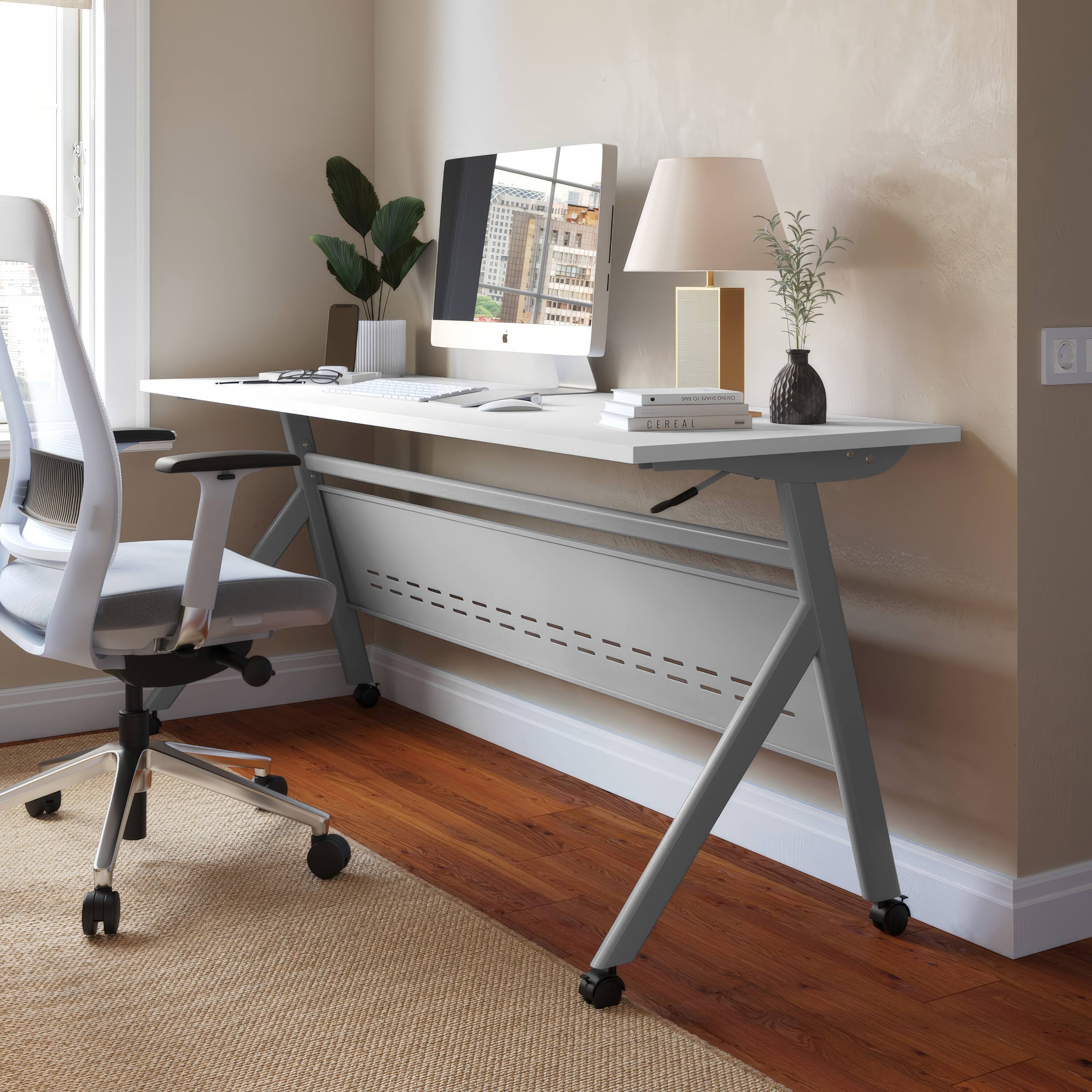 Alt View 1. Emma + Oliver - Griffin Heavy-Duty Flip Top Training Table with Nesting Design, Privacy Panel, Y-Legs, Tabletop, Metal Frame - White Top/Gray Frame.