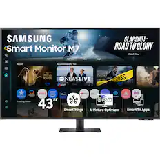 SAMSUNG Smart Monitor M7 SLAPSHOT ROAD T GLORY Watch Now For You Live Apps Recent Recommended for You - - - - imL RINGS dA POWER prime abo NEWSLIVE a h- ETECTE CROSS prime i prime - NETFLIX video Disney! Toulube a Internet dA Samsung SmartThings E Snan PUe TELA - TV mus 1 Trending Shows 43" SmartThings Al Picture Optimizer Smart TV Apps