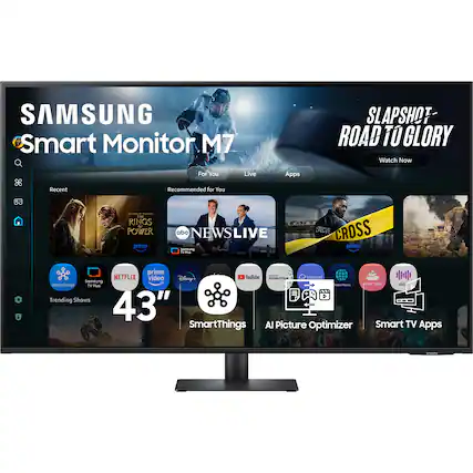 SAMSUNG Smart Monitor M7 SLAPSHOT ROAD T GLORY Watch Now For You Live Apps Recent Recommended for You - - - - imL RINGS dA POWER prime abo NEWSLIVE a h- ETECTE CROSS prime i prime - NETFLIX video Disney! Toulube a Internet dA Samsung SmartThings E Snan PUe TELA - TV mus 1 Trending Shows 43" SmartThings Al Picture Optimizer Smart TV Apps