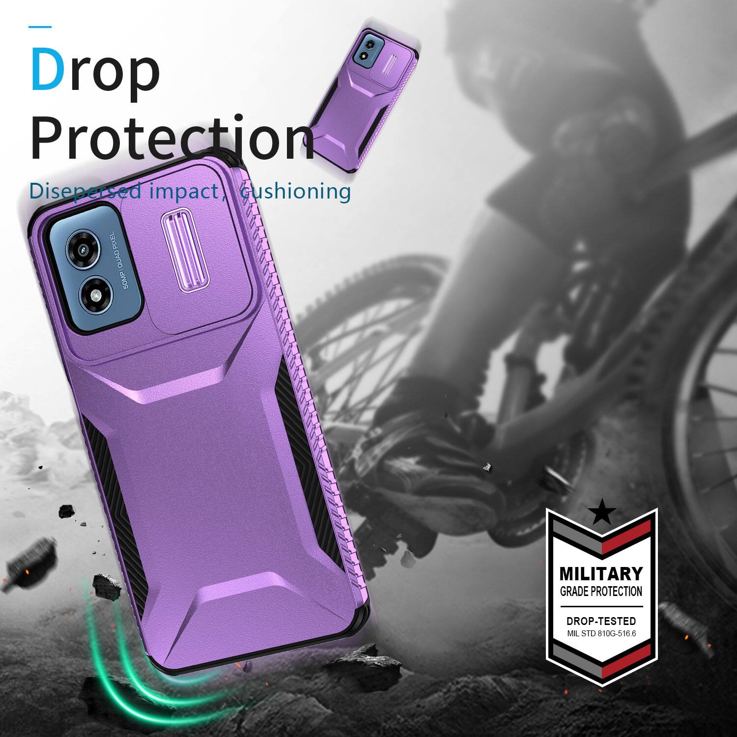 Drop Protection  
Dispersed impact cushioning  
QUAD PIXEL PIXEL QUAD 50MP  
MILITARY GRADE PROTECTION  
DROP-TESTED MIL STD 810G-516.6