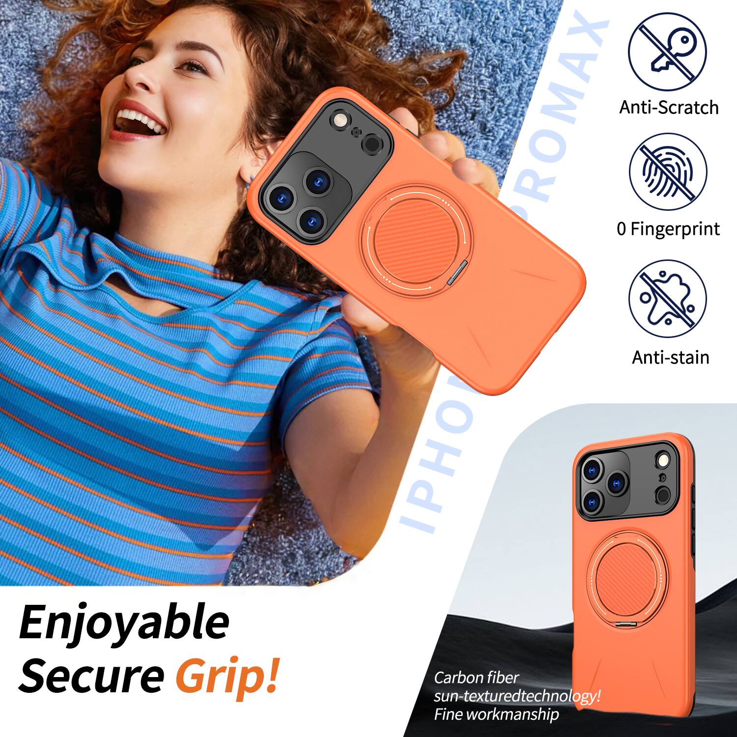 Enjoyable Secure Grip!  
ROMAX Anti-Scratch 0 Fingerprint Anti-stain  
IPHO Carbon fiber sun-textured technology!  
Fine workmanship