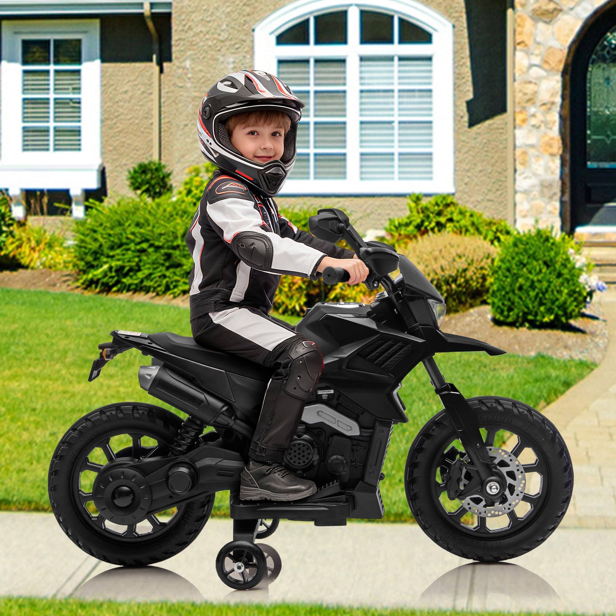 Alt View 2. Qeetex - 6v Electric Dirt Bike, Kids Ride on Motorcycle with Traning Wheels, 2-5 MPH, Headlight & Music - Black.