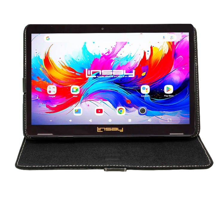 LINSAY - 10.1" Octa Core 256GB Storage Android 15 Tablet with Leather Case - Black