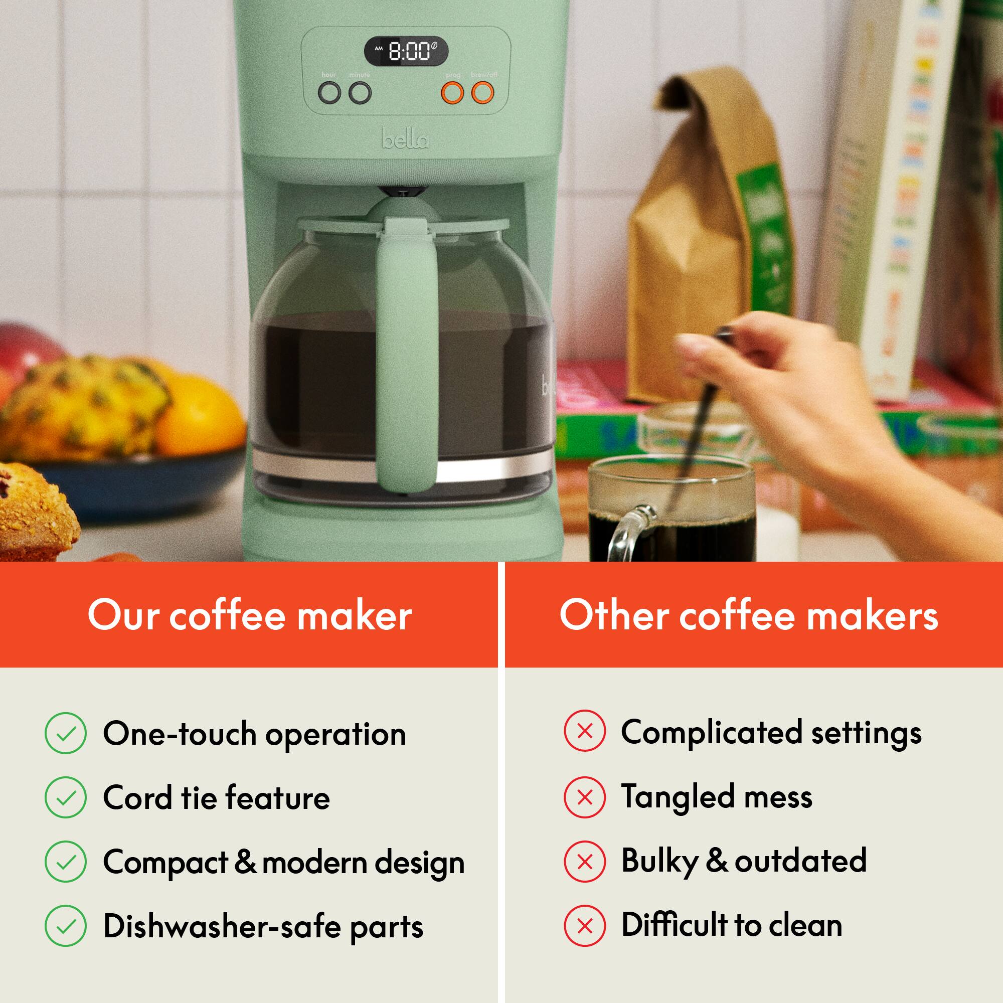 - **Our coffee maker**
  - One-touch operation
  - Cord tie feature
  - Compact & modern design
  - Dishwasher-safe parts

- **Other coffee makers**
  - Complicated settings
  - Tangled mess
  - Bulky & outdated
  - Difficult to clean