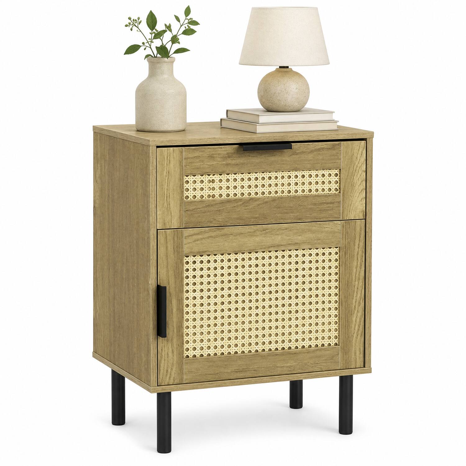 Left. WELLFOR - Rattan Nightstand with Drawer and Storage Cabinet for Bedroom or Dorm - Natrual.