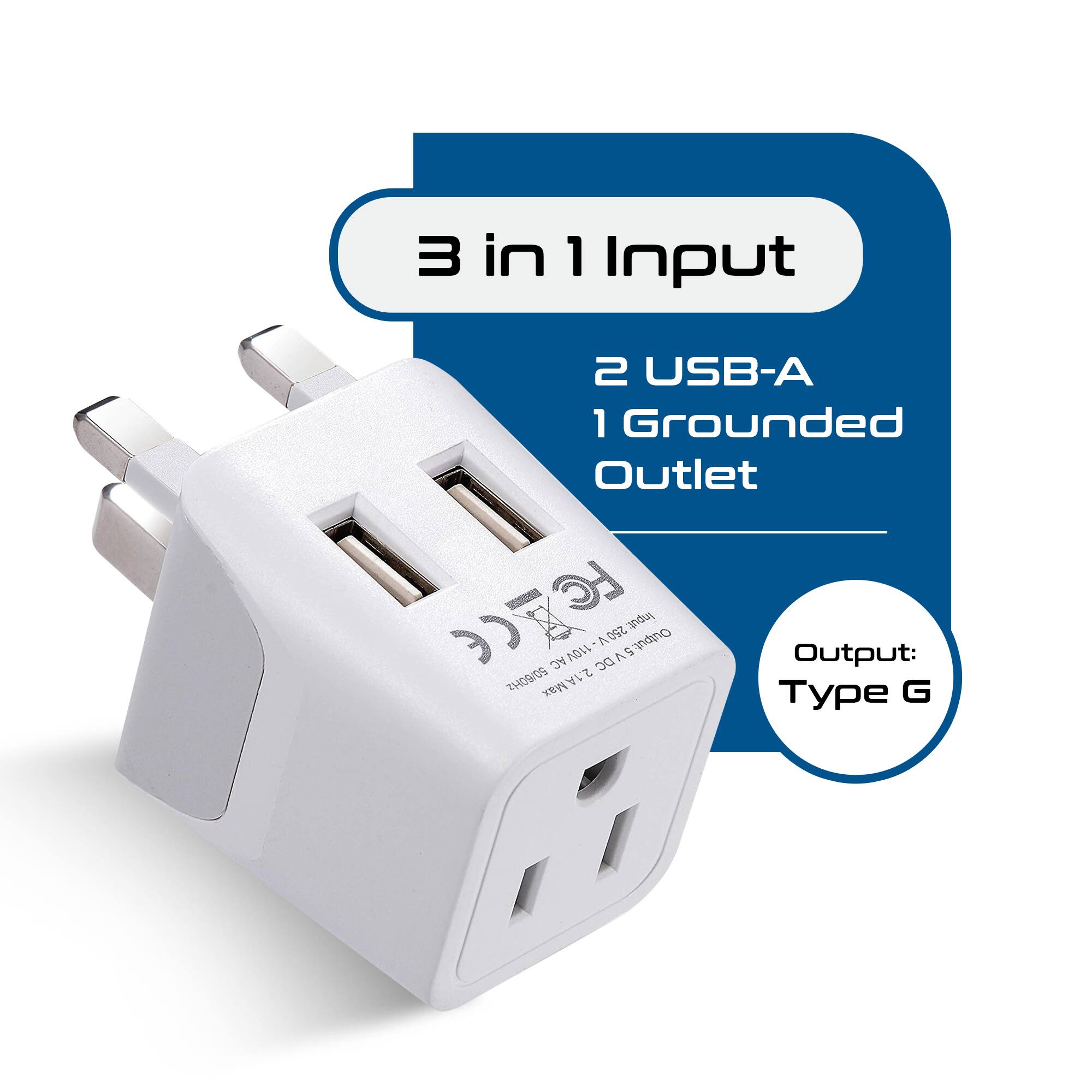 3 in 1 Input  
2 USB-A  
1 Grounded Outlet  

Output:  
Type G  

Input:  
2.1A Max  
AC 110VAC  
DC 5V  

Output:  
2.1A Max  
AC 250V