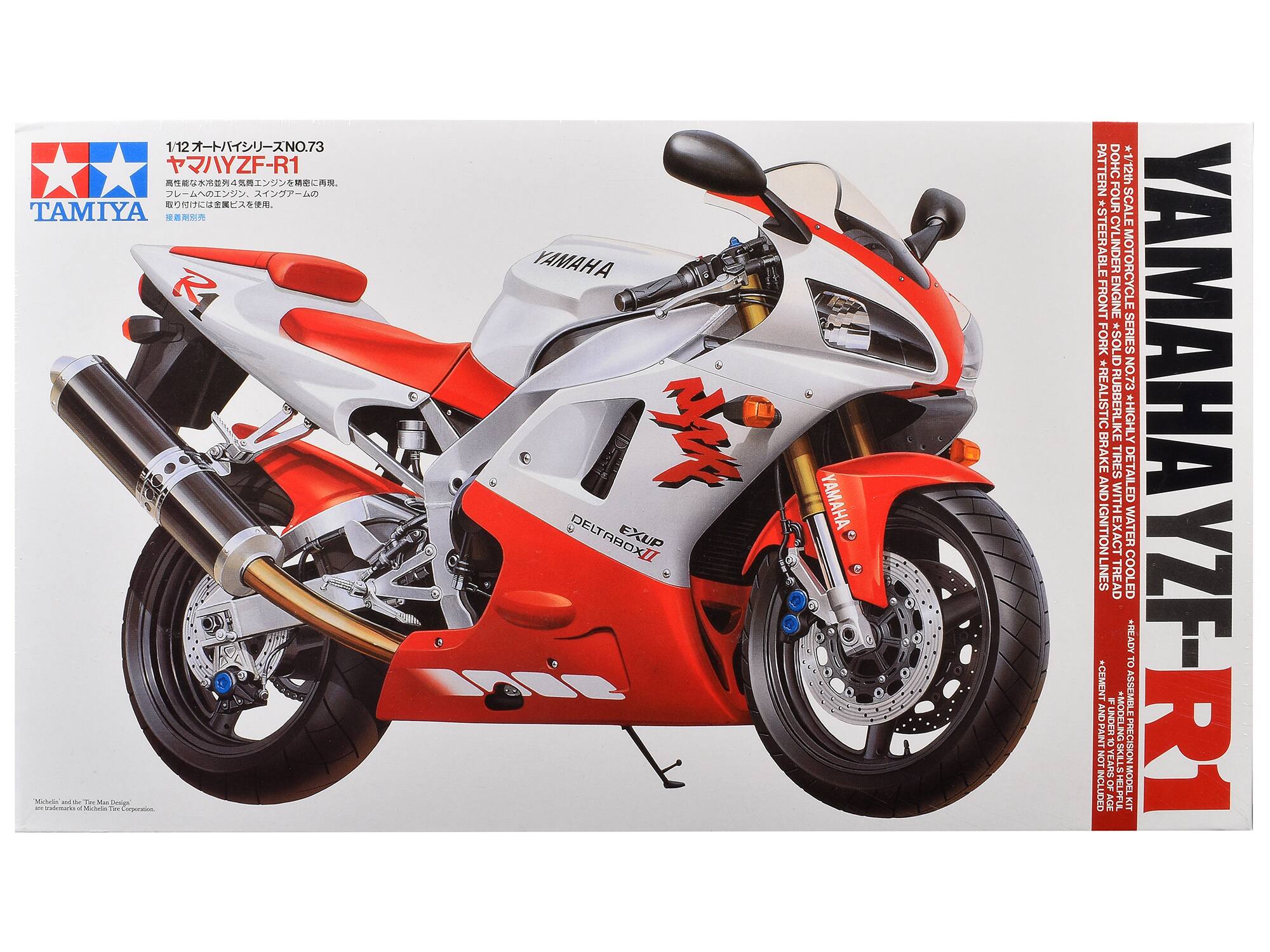 1/12 NO.73 YZF-R1  
TAMIYA  
YAMAHA DELTABOXII EXUP  
YAMAHA  
PATTERN DOHC *1/12th FOUR SCALE *STEERABLE CYLINDER MOTORCYCLE FRONT ENGINE FORK *SOLID SERIES NO.73 REALISTIC RUBBERLIKE HIGHLY BRAKE TIRES AND DETAILED LED YAMAHAYZF-R1 WITH EXACT WATER IGNITION LINES TREAD COOLED *READY TO *CEMENT ASSEMBLE AND PAINT UNDER +MODELING OF NOT YEARS SKILLS PRECISION MODEL KIT INCLUDED OF SHELPFUL AGE