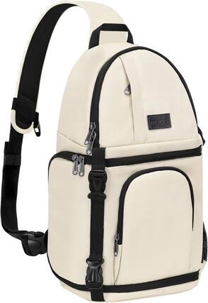 Front. mosiso - Camera Sling Bag Shockproof Photography Camera Backpack with Tripod Holder & Removable Modular Inserts - Beige.