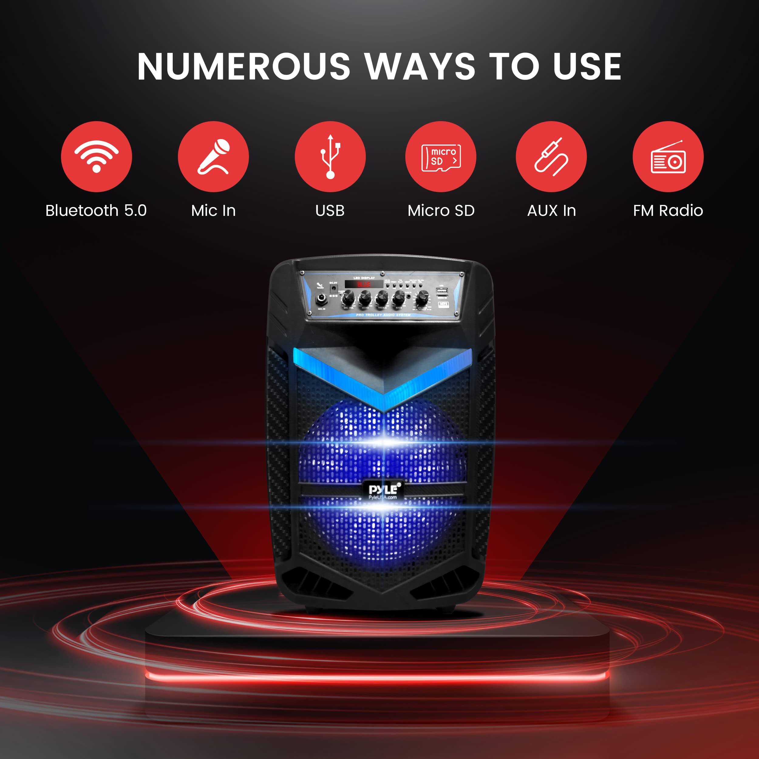 NUMEROUS WAYS TO USE

- Bluetooth 5.0
- Mic In
- USB
- Micro SD
- AUX In
- FM Radio

PYLE