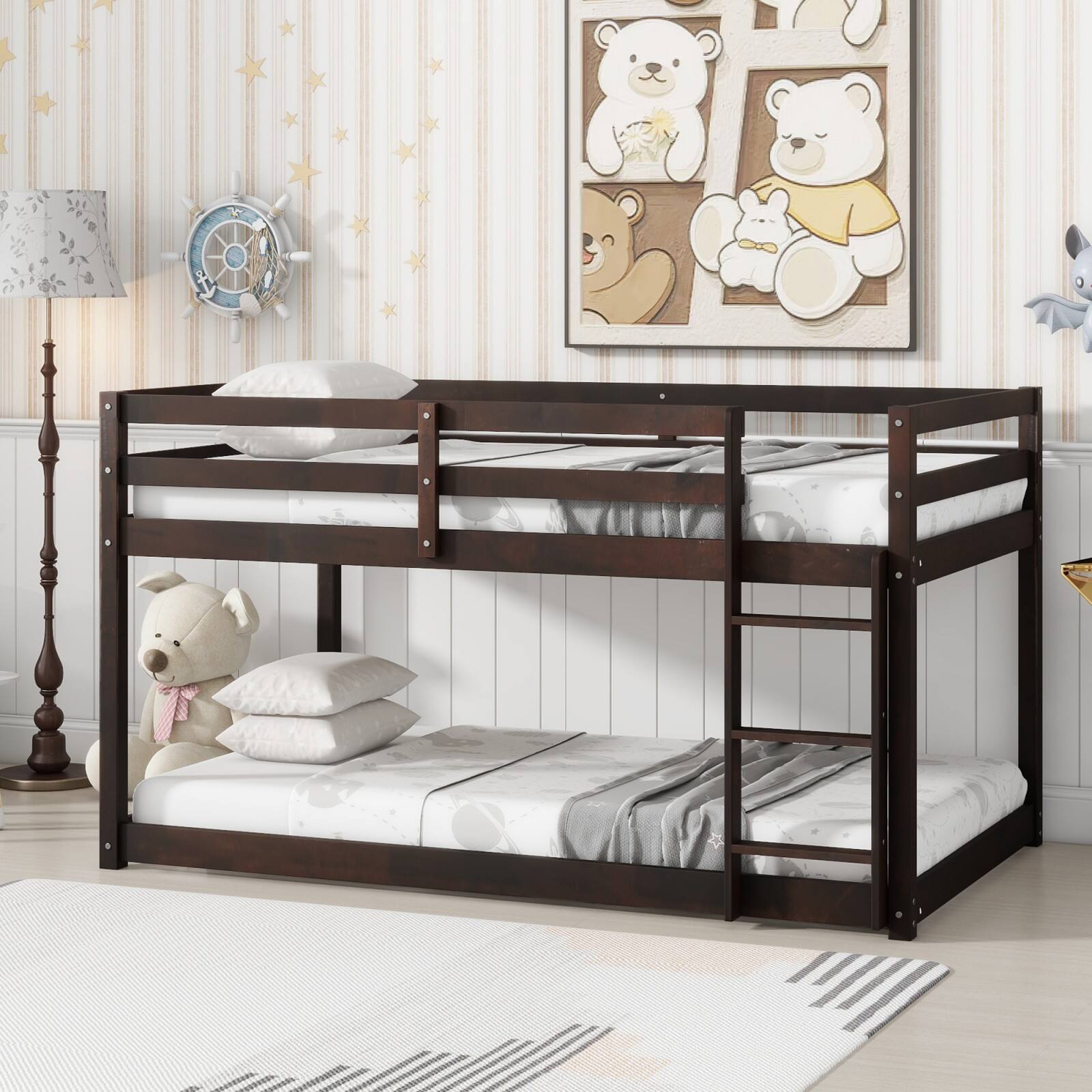 Alt View 4. Ecooso - Solid Wooden, Solid Rubber Wooden Twin over Twin Floor Bunk Bed with Ladder, with Bed Platform of Strengthened Slats - Espresso.