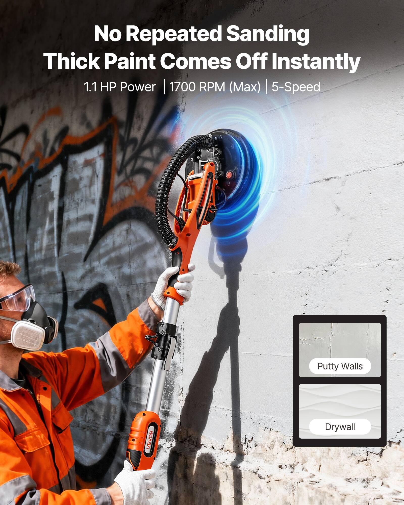 No Repeated Sanding Thick Paint Comes Off Instantly  
1.1 HP Power | 1700 RPM (Max) | 5-Speed  
Putty Walls  
Drywall
