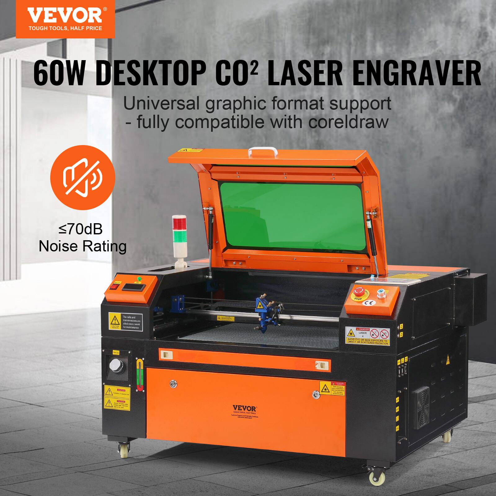 VEVOR  
TOUGH TOOLS. HALF PRICE  

60W DESKTOP CO2 LASER ENGRAVER  

Universal graphic format support  
- fully compatible with coreldraw  

≤70dB Noise Rating