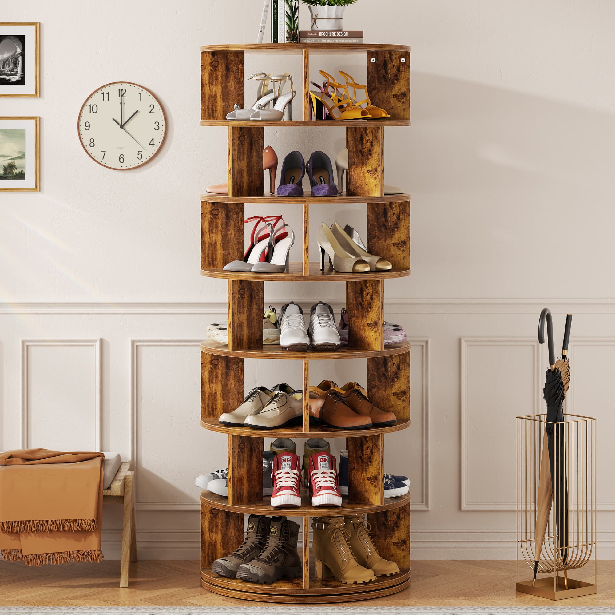 Aheaplus - 7-Tier 360° Rotating Shoe Rack Tower - Vertical MDF Organizer for Closet Storage, Free-Standing Lazy Susan Display - Rustic Brown