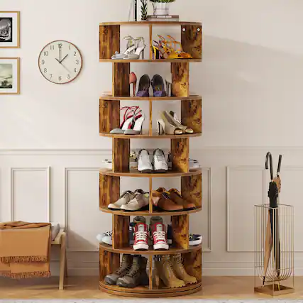 Front. Aheaplus - 7-Tier 360° Rotating Shoe Rack Tower - Vertical MDF Organizer for Closet Storage, Free-Standing Lazy Susan Display - Rustic Brown.