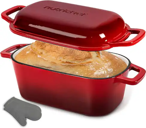 Front. NutriChef - NutriChef 10" Enameled Cast Iron Bread Pan with Lid, Oval Loaf Dutch Oven with Silicone Gloves, Oven-Safe to 500°F.