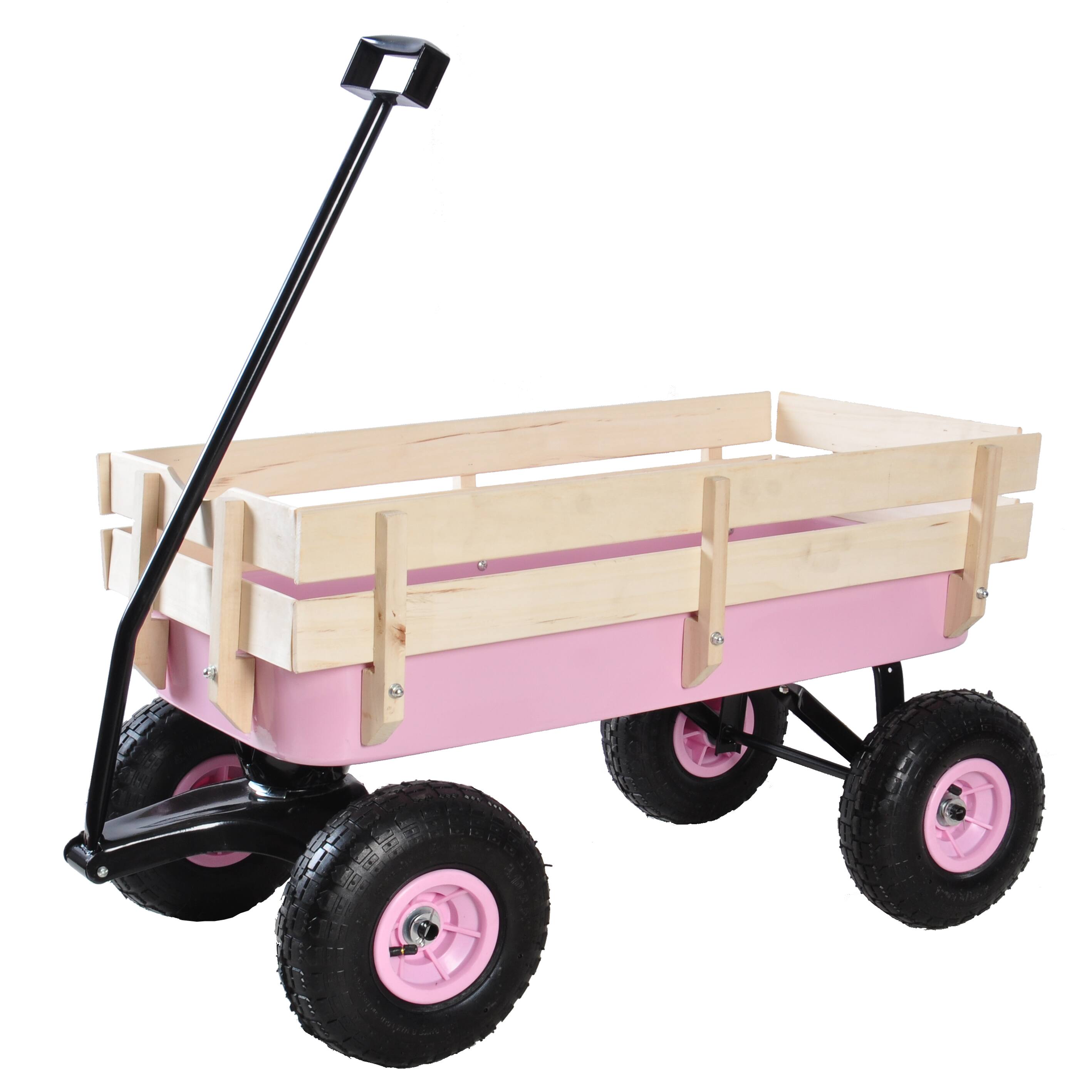 Left. APRILSOUL - Outdoor Wagon All Terrain Pulling with Wood Railing Air Tires Garden Cart - Pink.