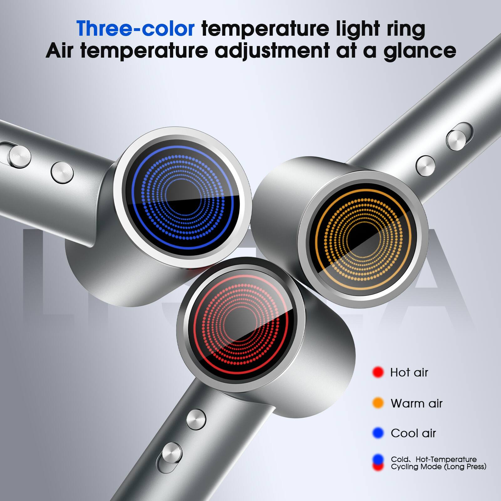 Three-color temperature light ring  
Air temperature adjustment at a glance  

Hot air  
Warm air  
Cool air  
Cold  

Hot-Temperature Cycling Mode (Long Press)
