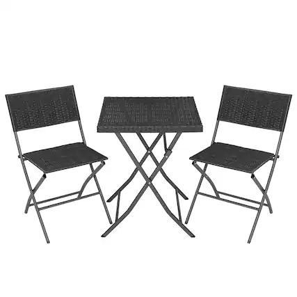 Front. Nuu Garden - Outdoor 3 Pieces Folding Bistro Set, Waterproof PP Rattan Table and Chairs - Black.