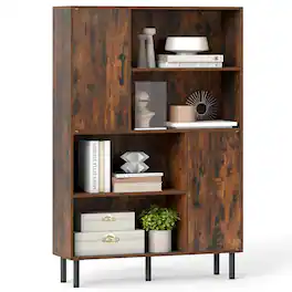 Costway - 47" Storage Cabinet with 2 Doors & 4 Open Shelves, 5 Metal Support Legs for Kitchen - Rustic Brown