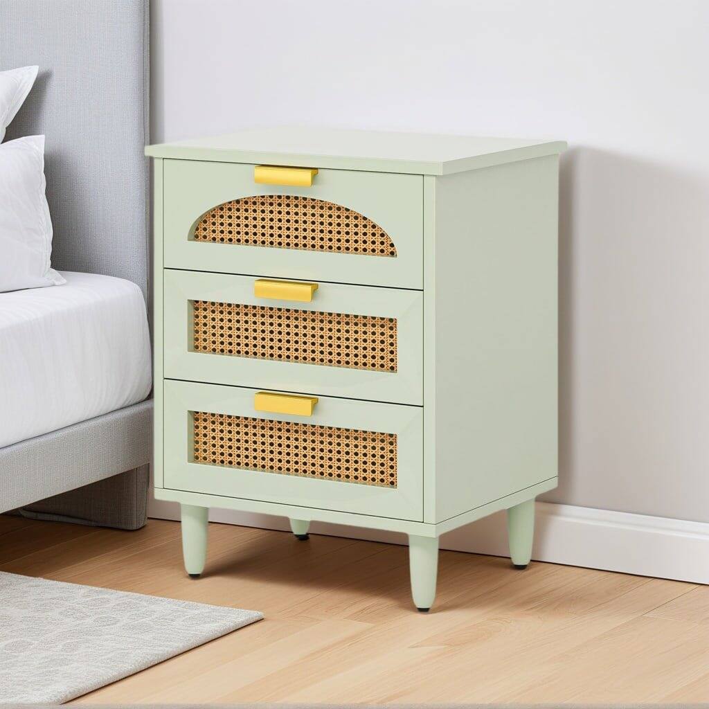 Left. Kadyn - Kadyn Elegant Wood Nightstand, 20" Side Cabinet With 3 Drawers, Space-Saving Storage For Bedroom, Green - Green.