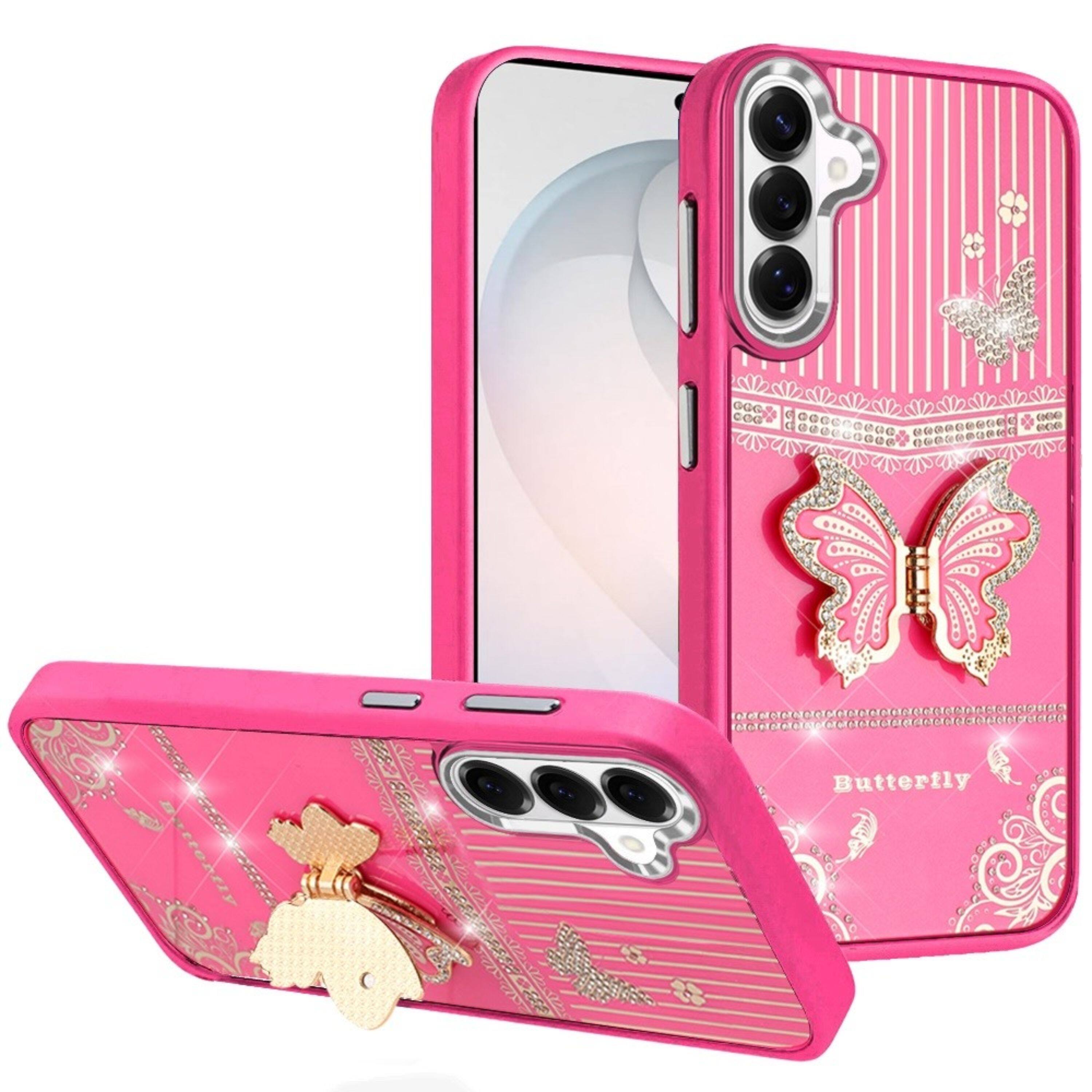 Front. Kitcheniva - Glamorous 3D Butterfly Bling Charm Stand Case With Tempered Glass For Samsung S26 FE Hot Pink - Hot Pink.