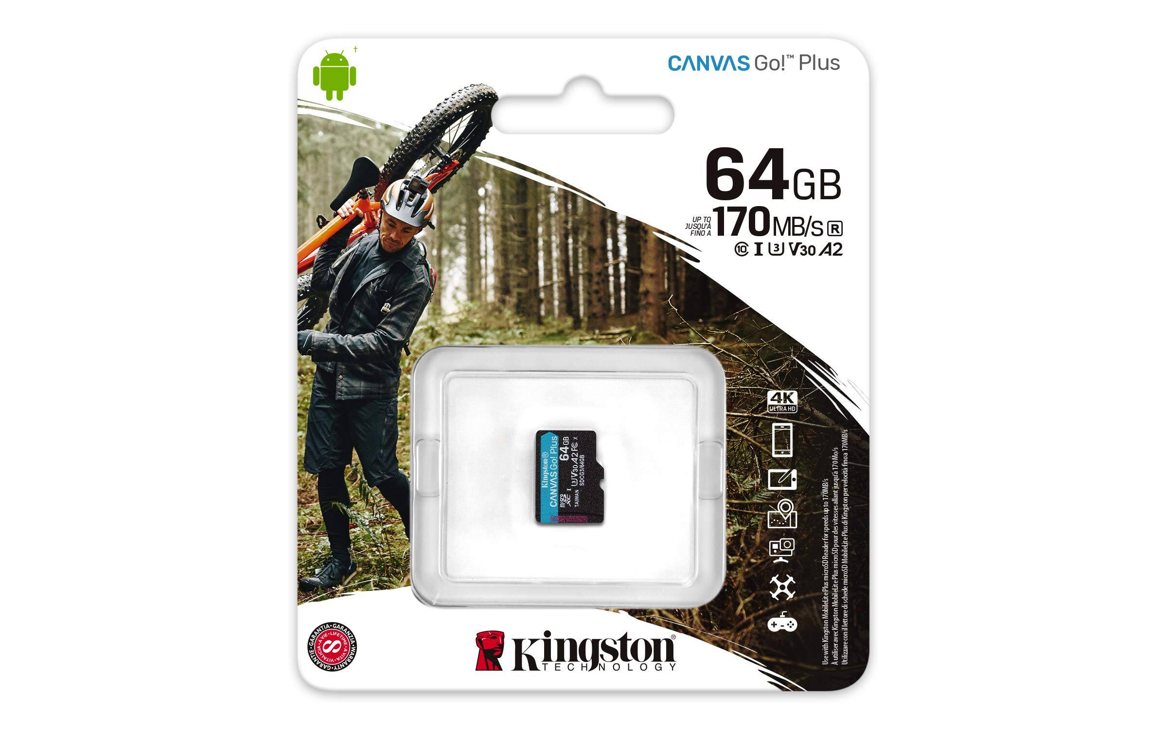 CANVAS Go! Plus  
64GB  
UP TO 170 MB/s  
V30 A2  
4K ULTRA  
INFORMAZIONI GARANZIA 8 INTERPORT  
64GB Kingston CANVAS Go! Plus UV30.42Fx SDCG2/6408  
170MB/s  
Use with Mobile devices  
Utilizare con dispositivi mobili