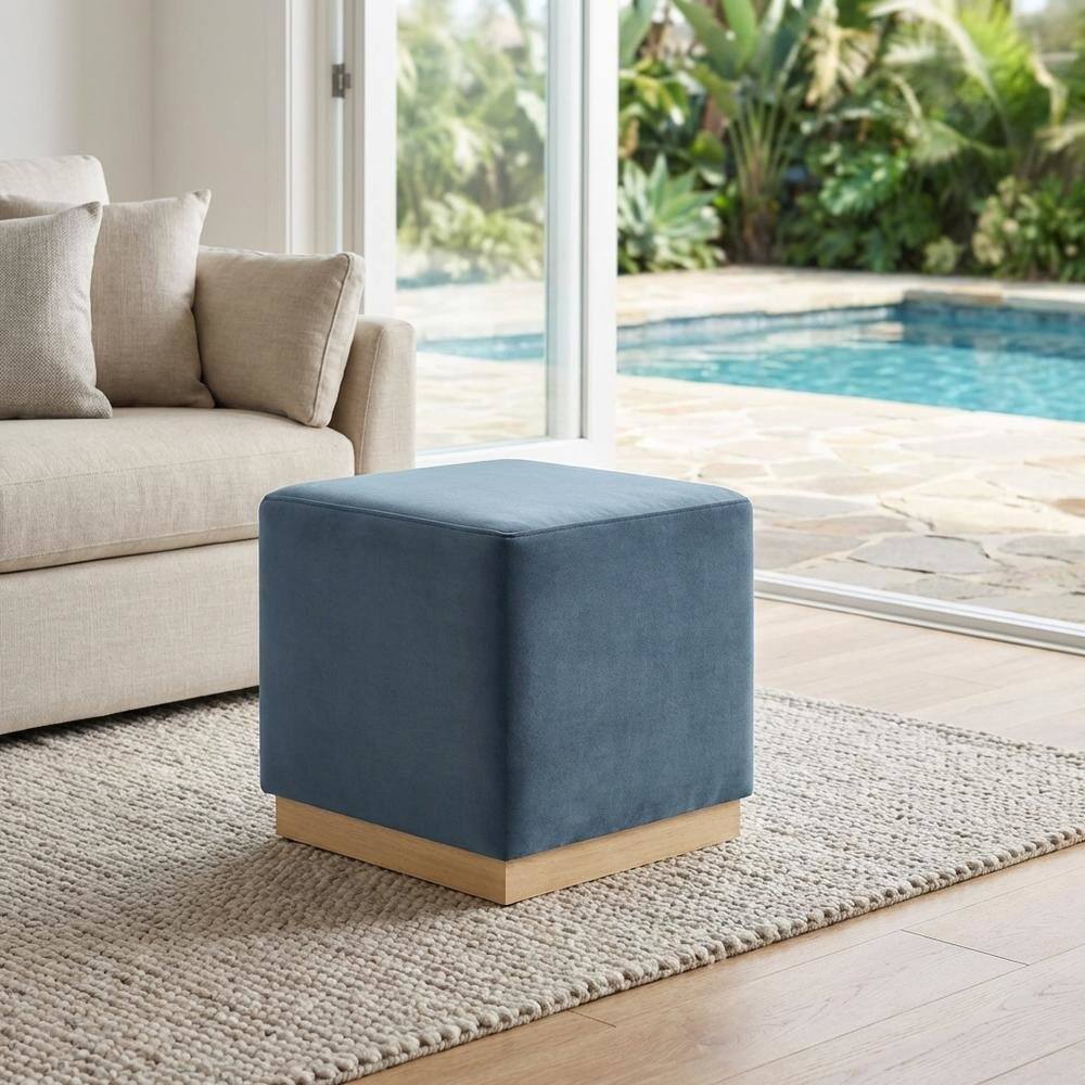 Left. Outdoor Escape - Square Upholstered Ottoman In Performance Velvet With Modern Design - Blue.