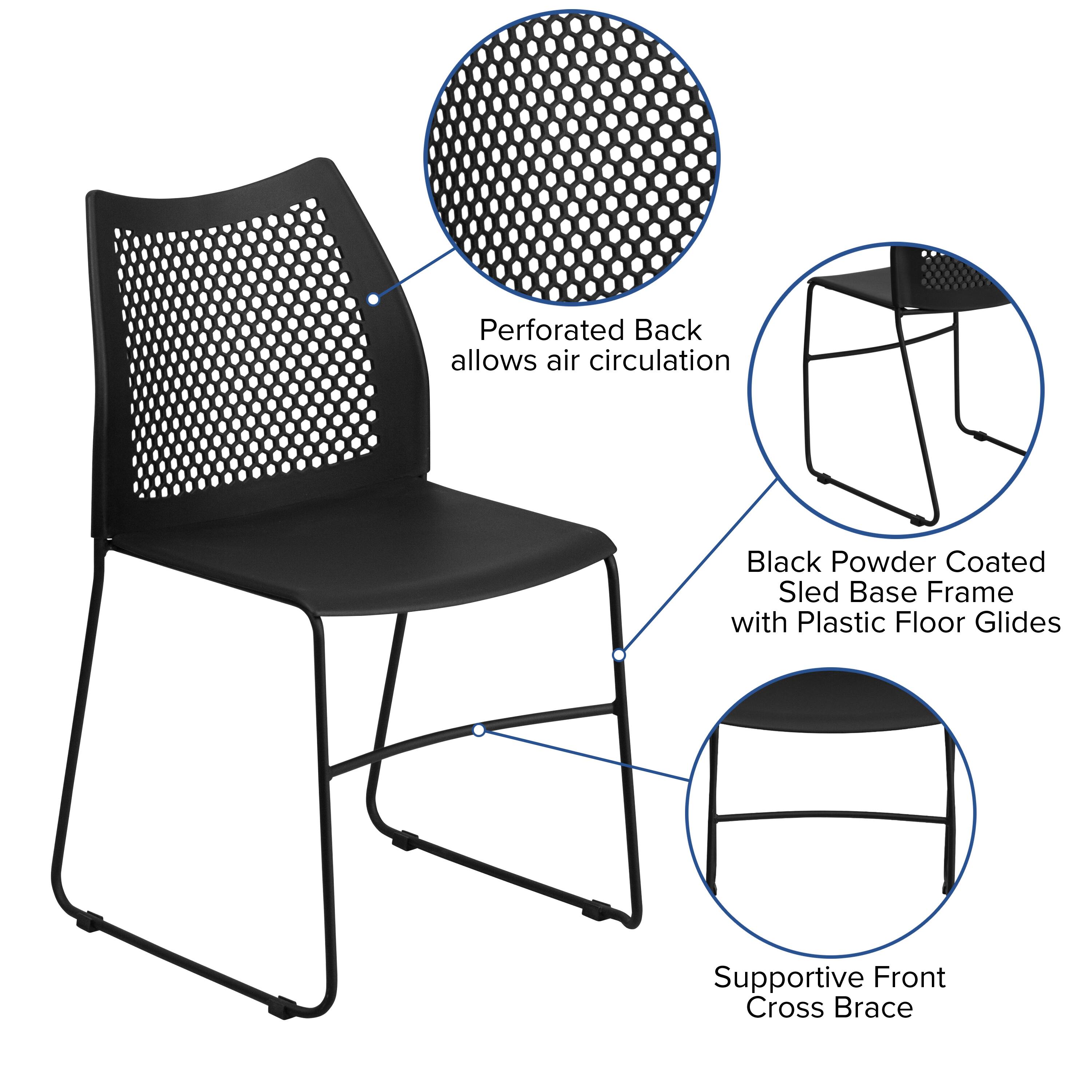 - Perforated Back allows air circulation
- Black Powder Coated Sled Base Frame with Plastic Floor Glides
- Supportive Front Cross Brace
