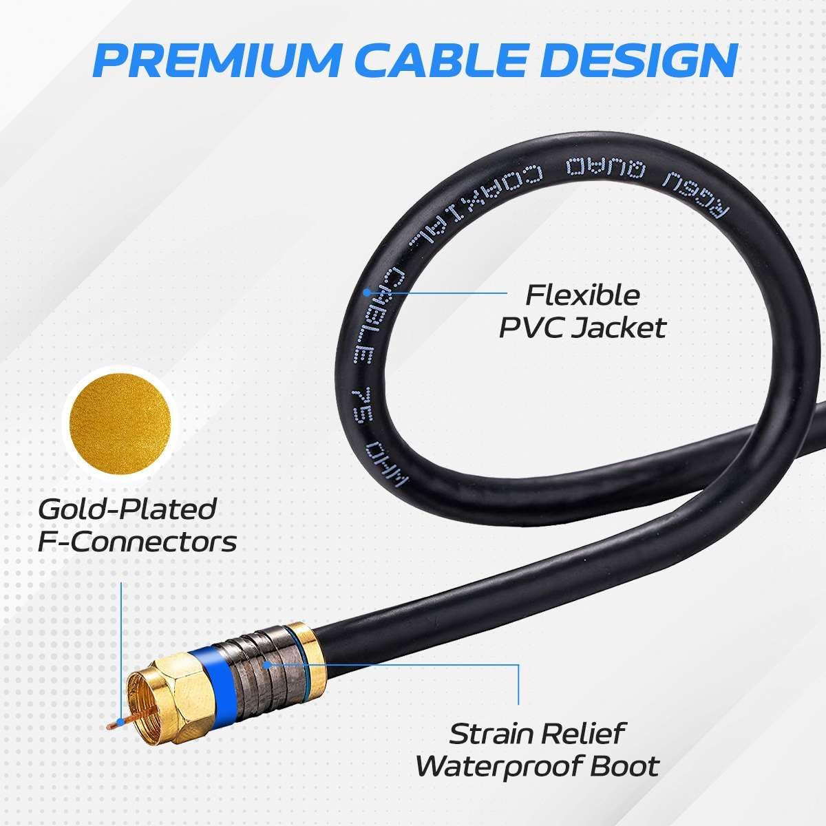 PREMIUM CABLE DESIGN  
Gold-Plated F-Connectors  
Flexible COAXIAL RG6U  
PVC Jacket  
75 OHM  
Strain Relief  
Waterproof Boot